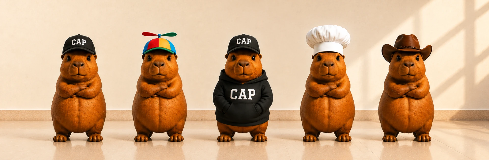 A lineup of capybaras wearing caps